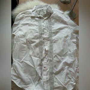 EUC Guess White cotton Linen Embroidered Button-Down long sleeve dress shirt XL!